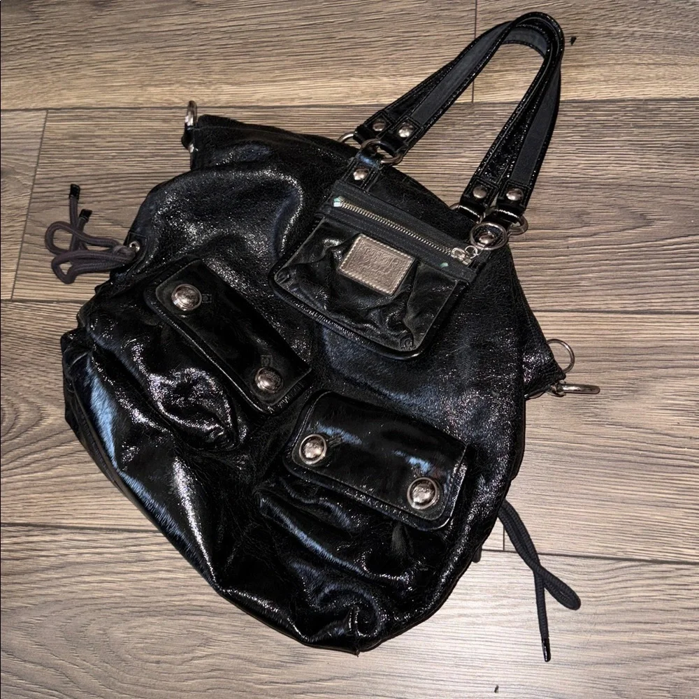 AUTH COACH POPPY GLOSSY CRINKLE PATENT LEATHER SATCHEL BAG PURSE 13869 BLACK - Picture 11 of 11